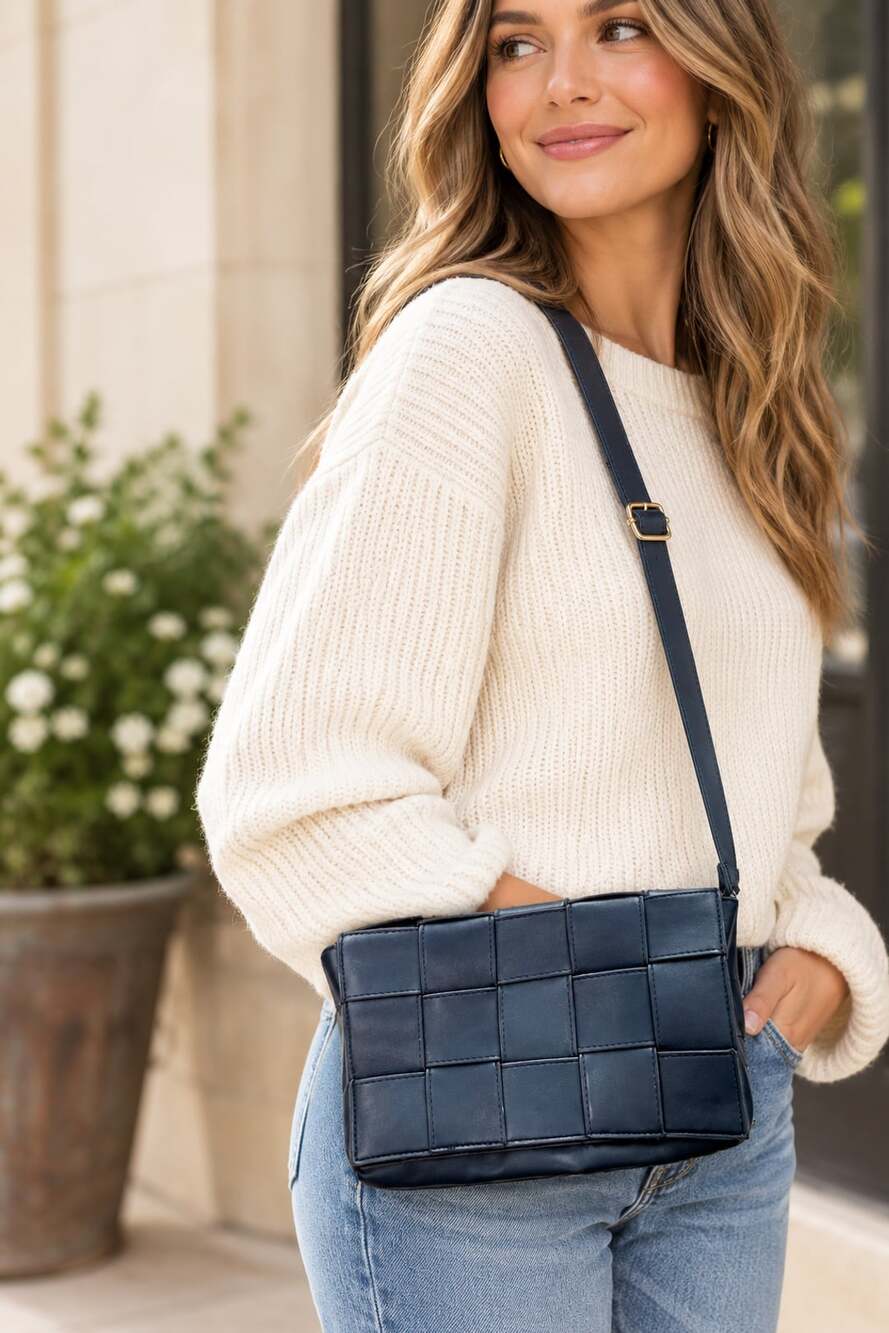 Sondra Roberts Navy Blue Woven Faux Leather Crossbody Bag Adjustable Strap